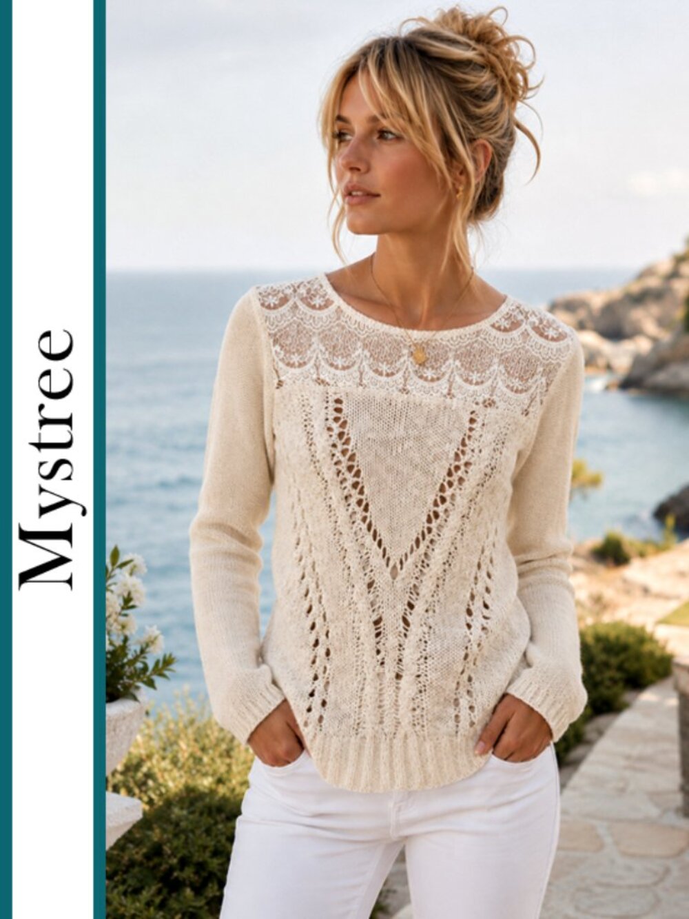 Mystree | Coastal Chic Crochet Knit Sweater Top - Picture 5 of 9